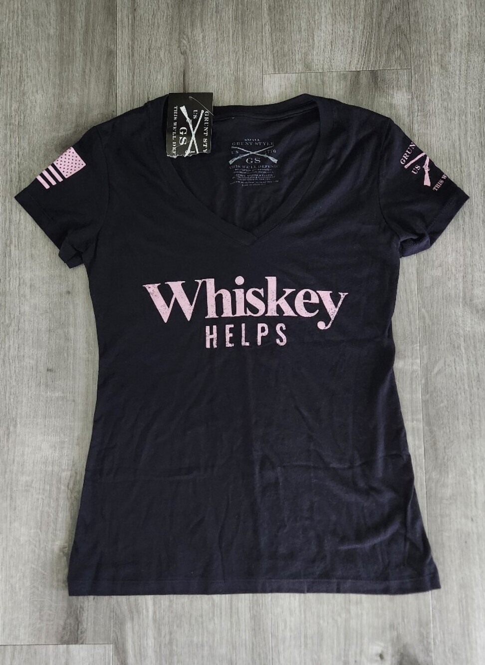 Grunt Style “Whiskey Helps” Womens Shirt Black/pink Size Small V-neck NWT
